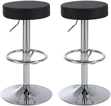 Relbiety Round Bar Stool Set of 2 PU Leather Adjustable Backless Counter Height Barstool, Modern Bar Chairs with Chrome Footrest Armless for Kitchen Counter Island Pub(Black)