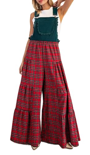 TUWIXIUW Women Christmas Overall Jumpsuits Sleeveless Green Plaid Xmas Print Wide Leg Pants Rompers Dressy Gingham One Piece Overalls(Green Medium)