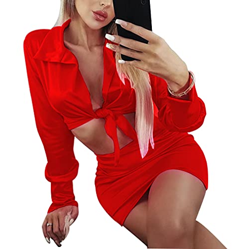 LuFeng Womens Satin Sexy Self Tie Front Long Sleeve 2 Piece Outfits Crop Top and Mini Bodycon Skirt Set3