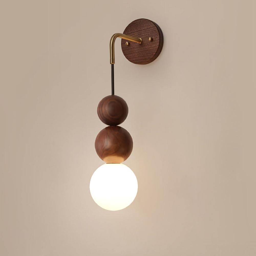 Cosrub Walnut Japanese Wooden Wall Sconce, 3 Globe Stacked Wall Mounted Light Vintage Wood Ball Farmhouse Wall Lamp Fixtures For Bedroom Bedside Living Room Hallway(,3000K)
