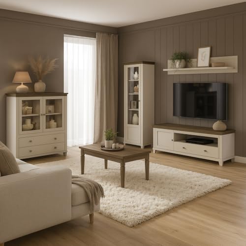 Lomadox Wohnwand Set in Beige & Eiche im modernen Landhausstil - 5-teilig mit Highboard, Vitrine, Lowboard, Wandregal und Couchtisch, Wohnzimmermöbel-Set, Kaschmir