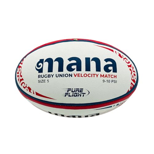Mana Velocity Official Match Rugby Ball Size 5 | Men & Women, Durable 3-Ply Hand-Stitched Design, Enhanced Grip, Water-Resistant | Olympic, USA & World Rugby Standards, Navy/Red Supporter Rugby Balls
