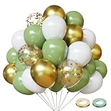 Luftballons Eukalyptus Grün Gold Weiß 50 Stk 12 zoll Luftballons Geburtstag Salbeigrün Weisse Gold Metallic Ballons Konfetti Ballons für Hochzeit Polterabend Kommunion Taufe Jugendweihe Deko
