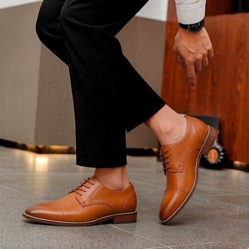 Image of Men Dress Shoes Formal Wingtip Lace Up Latex Insole Oxford Business Wedding Leather Derby Shoe(Brown Pu 9.5)