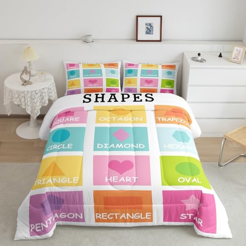 Image of Feelyou Kids Shapes Bedding Set Full Size, Educational Comforter Set Boys Girls Preschool Duvet Insert Learning Teens Bedroom Decor with 2 Pillow Case