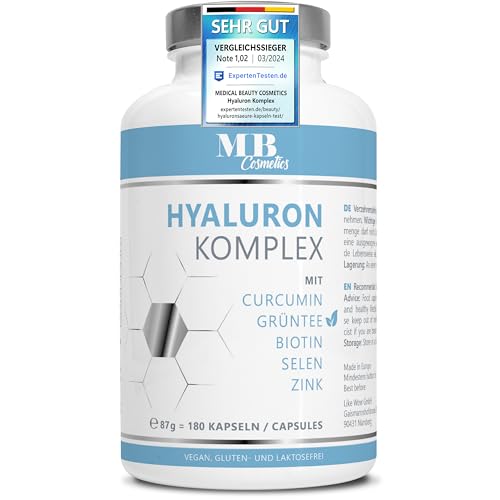 180 Hyaluronsäure Kapseln hochdosiert mit Zink - 600mg Hyaluron mit Curcumin und Grüntee-Extrakt – Vegane Hyaluron Kapseln mit Biotin, Selen ohne Zusätze in Deutschland produziert & laborgeprüft