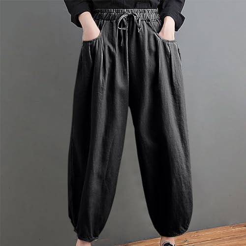 Womens Cotton Linen Pants Casual Summer Palazzo Pants Baggy Wide Leg Drawstring Elastic Waist Trousers with Pockets3