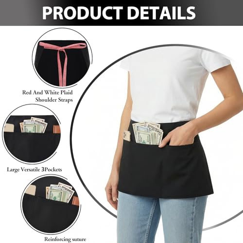 Image of BOHARERS 3-Pocket Waist Apron With Red And White Plaid Shoulder Straps - Black Waitress Waiter Server Short Aprons