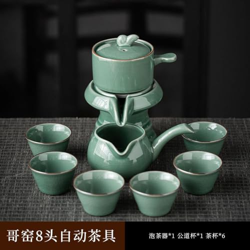 Image of Chinese Gongfu Tea Gift Set, Service Automatic Stone-Mill Design Handmade Ceramics Tea Pot 6 Cups Japanese Kung Fu Tea for Adults Men Women Tea Ceremony Party Home Office Decor (Green)