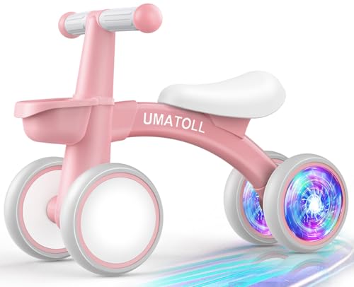 Umatoll Colorful Lighting Baby Balance Bike Toys for 1 Year Old Girls Gifts, Adjustable Seat, 1st Birthday Gifts, 12-24 Months Toddler Bike, Removable Basket, Pink
