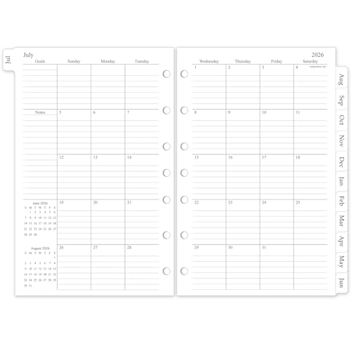 2026-2027 Monthly Planner Refill A5 Medium Size Planner Inserts for 7 Ring 5.5 x 8.5 Jul. 2026 - Dec. 2027 18 Monthly Calendars with Laminated Tabs 7-Hole Punched