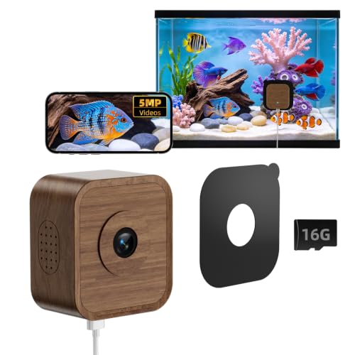 5MP Aquarium & Terrarium Camera, WiFi Pet Camera, Time-Lapse Video, Walnut Wood Case, 120° Wide-Angle Anti-Glare Lens, Video Playback, Motion Detection, Easy Magnetic Install for Fish, Reptiles