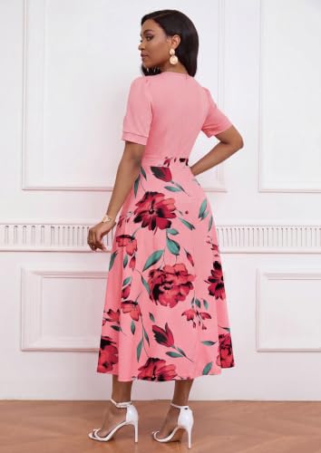 Image of MarryUP Women's Midi Dresses - V Neck Cocktail & Church Tea Dresses - Short Sleeve A-Line Swing Dress