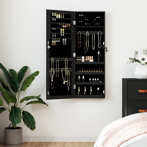 Holepyr Armario para joyas con espejo, montaje en pared, color negro, 37,5 x 10 x 106 cm, material de madera, se puede cerrar con ganchos y estantes para joyas y cosméticos en el dormitorio, pasillo