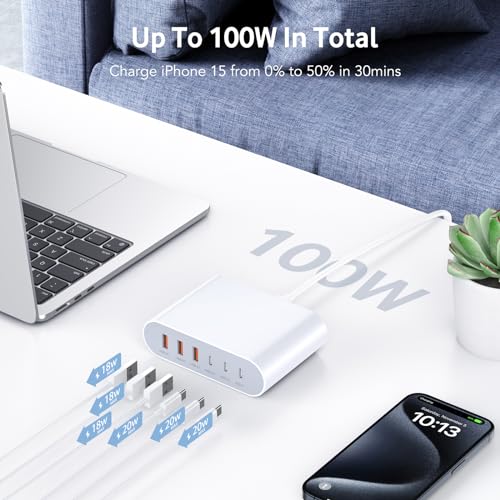 Image of 100W USB C Charger, 6 Port Charging Station for Apple Type C Fast Wall Charger USB Cable Block Compact Hub Adapter Plug Cube Brick for iPhone 15 /14 /13,Pro,iPad,AirPods4,Samsung Galaxy Ultra2 Watch10