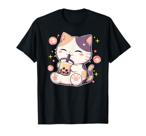 Kawaii Cat Boba Japonês bonito estética anime meninas Adol t-shirt, Preto, S
