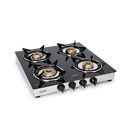 Image of Glen Toughened Glass 4 Burner ISI LPG Gas Stove 1040 GT Junior Brass Burners (Black)