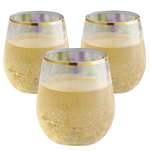 Oojami 24 piece Stemless Disposable Unbreakable Crystal Clear Plastic Wine Glasses Set of 24 (12 Ounce - Gold Rim) by Oojami - Used condition - US$22.61