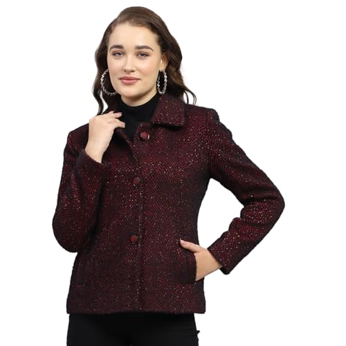 Image of Monte Carlo Womens Self Design Maroon Collar Neck Full Sleeve Coat