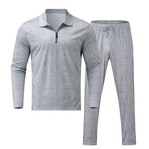 Mens Long Sleeve Casual Polo Shirt And Pant Sets Two Piece Fall Outfits Zipper Polo Tracksuit Set For Men M-3Xl(Grey,3X-Large) #TOP2