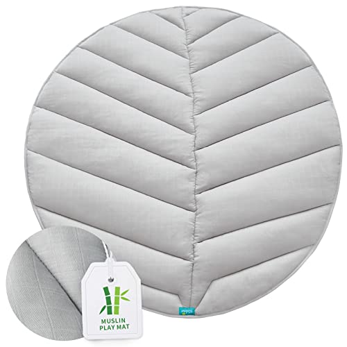 Image of Play Mat Round 47×47, Muslin Kids Play Mat, One-Piece Crawling Mat for Baby & Toddler to Play on Floor, Non Slip, Leaf Quilting, Grey