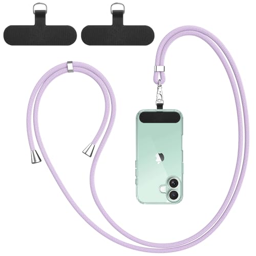 Vancle Cordon para Movil Universal, con 2 Parches Duraderos, Cuerdas Ajustables de 1,6m, Correa Cruzada para el Cuello y Muñeca, Compatible con Mayoría de Las Fundas de Teléfono (Morado Claro)