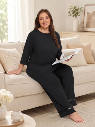 Womens Plus Size Pajama Set 3/4 Sleeve Lace Top Pants Lounge Set - image 5