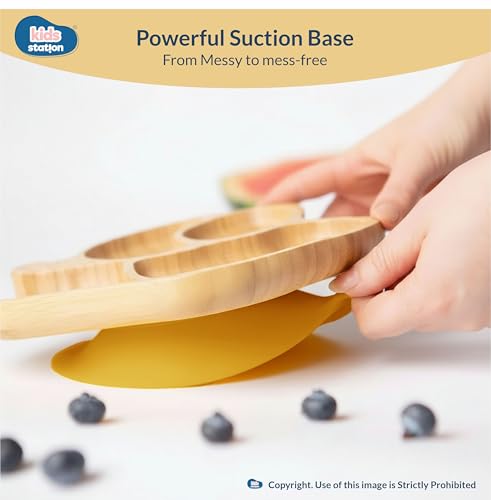 Image of Kids Station Elephant Wooden Feeding Plate with Spoon and Fork for Babies - Yellow | Eco-Friendly Self-Feeding Baby Tableware Set (3 pcs)
