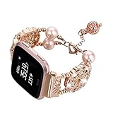 fohuas Compatible for Fitbit Versa Band, Adjustable Jewelry Versa Bracelet Fashion Pearl Elastic Stretch Wristband Strap with Essential Oil/Perfume Storage Pendan for Women Girl (Rose Gold)