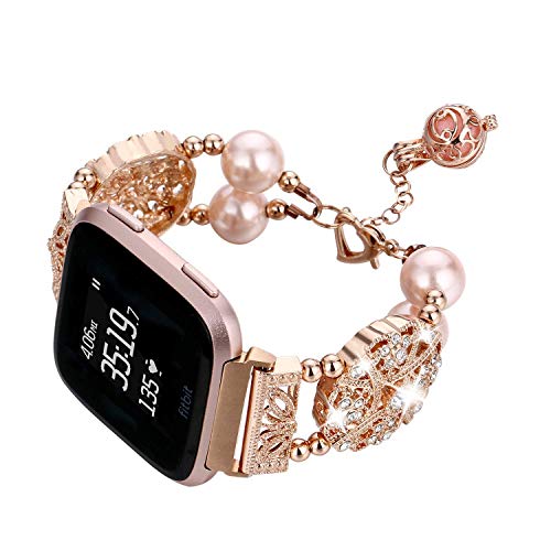 fohuas Compatible for Fitbit Versa Band, Adjustable Jewelry Versa Bracelet Fashion Pearl Elastic Stretch Wristband Strap with Essential Oil/Perfume Storage Pendan for Women Girl (Rose Gold)
