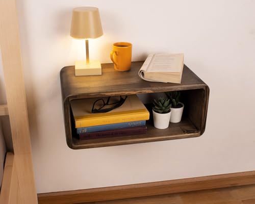 Image of UHUD CRAFTS Floating Wooden Bedside Shelf, Wall Mounted Nightstand, Bedside Table, Nightstand Shelf, Handmade, Floating Wooden Wall Shelf for Storage, 2- Tier Solid Wood Shelf - Dark Burnt