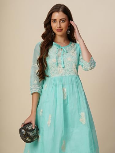 Image of RATAN Women's Muga Cotton Flared Lucknowi Chikankari Ethnic Wear Kurta
