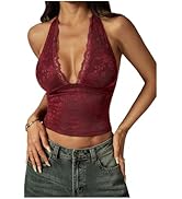 RoseSeek Women's Floral Lace Deep V Neck Halter Tops Y2K Backless Going Out Crop Tank Top