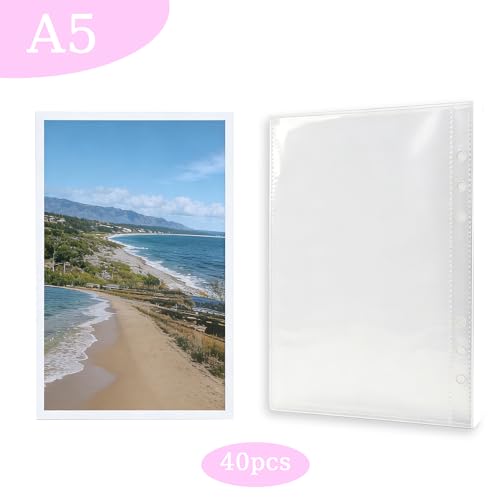 A5 Binder Taschen,40 Stück Photocard Binder,PVC 6 Löcher Wasserdichter Loseblatt Ordner,Transparent Ordnertaschen,Budget Zipless Umschläge Ringordner Bindertaschen Schutzhülle für Foto Datei Rechnung