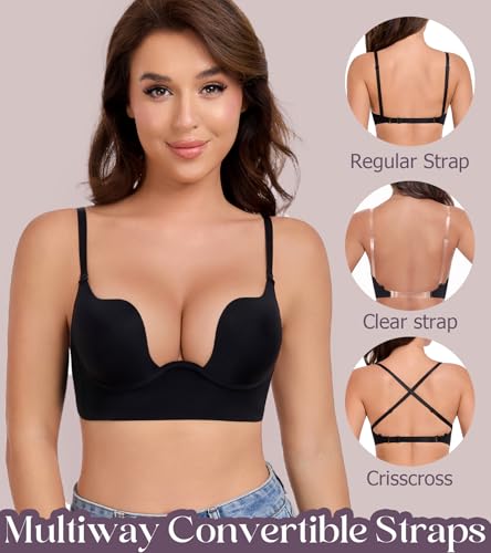 Image of Lemorosy Plunge U Backless Push Up Bra Multiway Convertible Low Cut Lifting Support Underwire Bras for Women