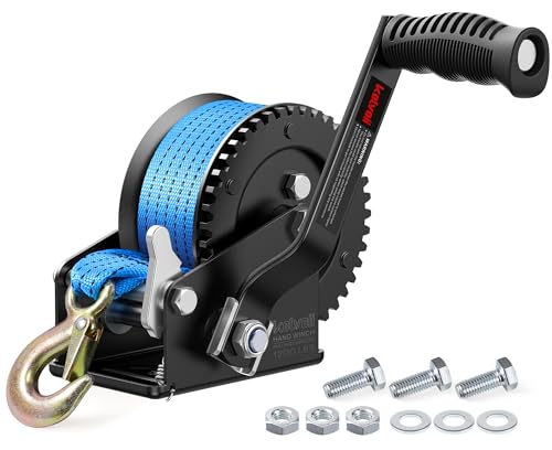 Image of Kolvoii 1200 lbs Boat Trailer Winch with Strap, Portable Hand Winch, 2-Way Ratchet 4:1 Gear Ratio for Boat, Trailer, Marine and Jet Ski, 26FT Strap, Blue