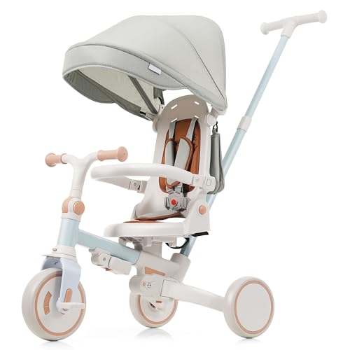 Image of 7 in 1 Baby Tricycle, Foldable Toddler Tricycle with Removable and Adjustable Parent Handle, Toddler Push Bike with Removable Pedal, Canopy, and Guardrail, Tricycle for 12-72 Months (Blue)