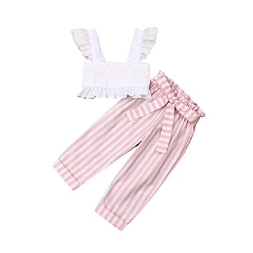 Image of Toddler Baby Girls 2Pcs Set,Kids Ruffle Vest Crop Tops+Floral Wide Leg Pants Summer Outfits (1-2 Years, Stripe)