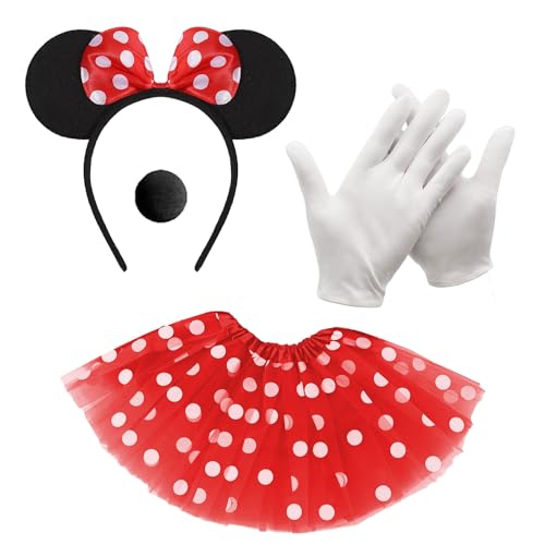 GWAWG - Disfarce de Minnie Mouse, Minnie Tutu Rouge, diadema Minnie, luvas brancas, nariz preto, orelhas de rato carnaval, Cosplay Minnie Dedisfraz Mickey para acessório carnaval, fantasia de festa