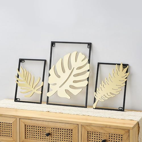 Image of SHREE 'O' GREEN TECH Gold Metal Wall Decor Leaf Wall Hanging Decoration, Set of 3 Metal Wall Art Home Decor for Living Room Office Bedroom Hotel (Design -1)
