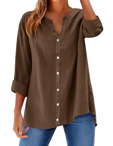Rapbin Langarmshirt Damen Baumwolle Bluse Mode Button Down Lose Oberteile Langarm Kleidung Blusenshirt Lässiges Hemdbluse Kaffee XXL