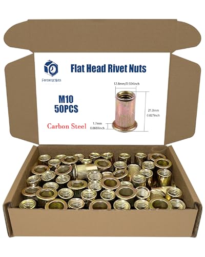 50PCS M10 x 1.5 Rivet Nuts, Made of Carbon Steel with a zinc-Plated Finish, Featuring a Flat Head and Threaded Insert Knurled Nutsert Kit