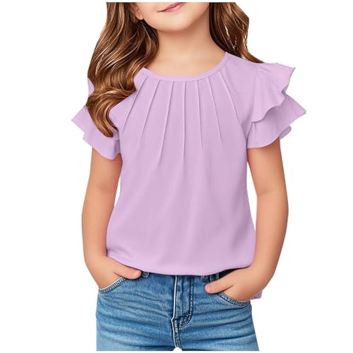 Girls Dressy Causal Tops T-Shirt Kids Fashion Cute Ruffle Short Sleeve Casual Basic Crewneck Pleated Blouse 5-13 Year