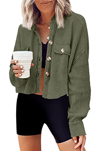 Image of Panadila Women's Cropped Waffle Knit Shacket Short Button Down Jacket Batwing Sleeve Shirts with Pocket