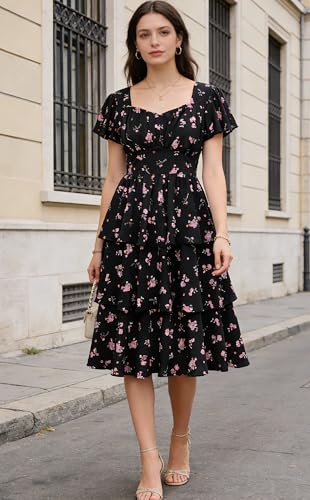 Image of Belle Poque Women's Vintage Square Neck Dress 2026 Summer Short Sleeve Layered Tiered Ruffle A-line Swing Midi Dress