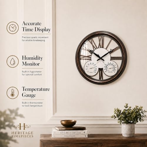 Image of ARMONIA Heritage Royale Roman Numeral Wall Clock with Temperature & Humidity Gauge, Silent Non-Ticking Quartz Movement, Decorative Wall Clock for Living Room, Bedroom, Office & Home Decor, 14.96 Inch