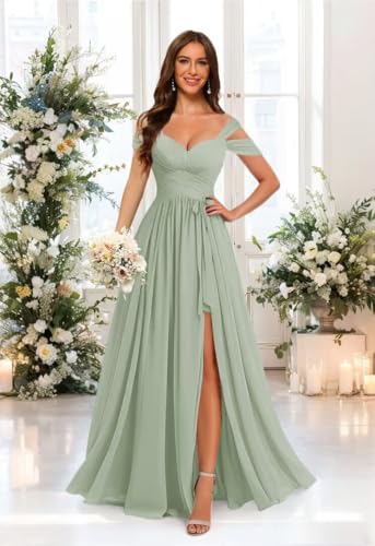 Stylefun Women's Off Shoulder Bridesmaid Dress with Belt Chiffon Ruched Formal Evening Gowns CYM2014