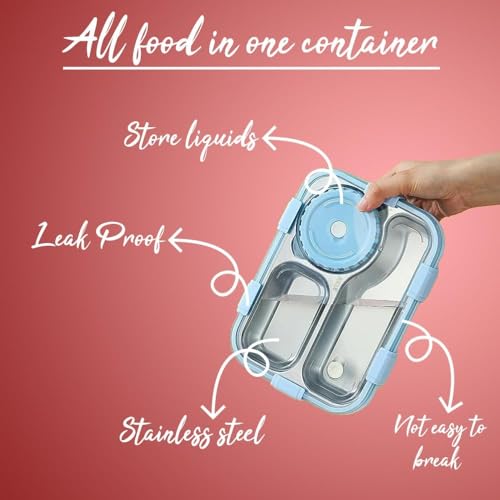 Image of Storescent Lunch Box 3 Compartment Leak-Proof BPA Free Stainless Steel, Lunch Box for Kids, Lunch Box for School & Office with a Fork, a Spoon and a Pair of Chopsticks, 750 ml (Purple)
