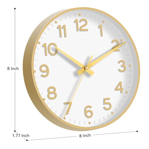 Image of Roymnie Wall Clock, Silent Wall Clocks Battery Operated 8 Inch-Modern Non Ticking Analog Clock Decorative for Kitchen Office Bathroom Bedroom(Gold)