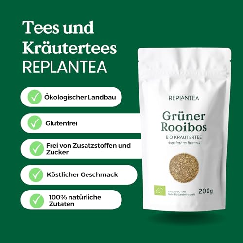 Grüner Rooibostee Bio 200g (100 Tassen) | Grüner Rotbuschtee ohne Thein und nicht Fermentiert in Bio Qualität REPLANTEA
